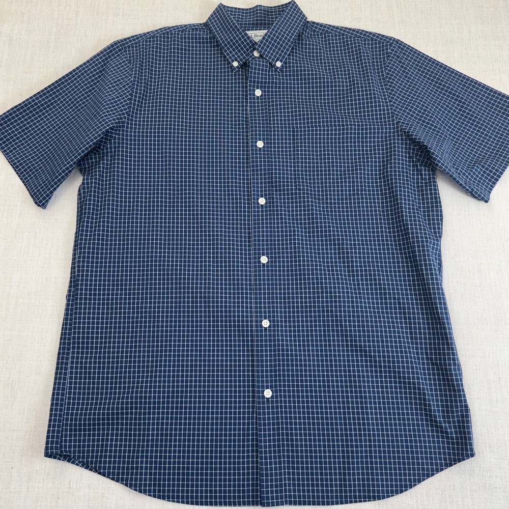 LL Bean Traditional Fit Blue Windowpane Check Shirt Mens XL Short Sleeve
